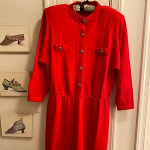 St. John Red Dress, Gold and Black Buttons, Elastic Waist. Luxury. Women's 12